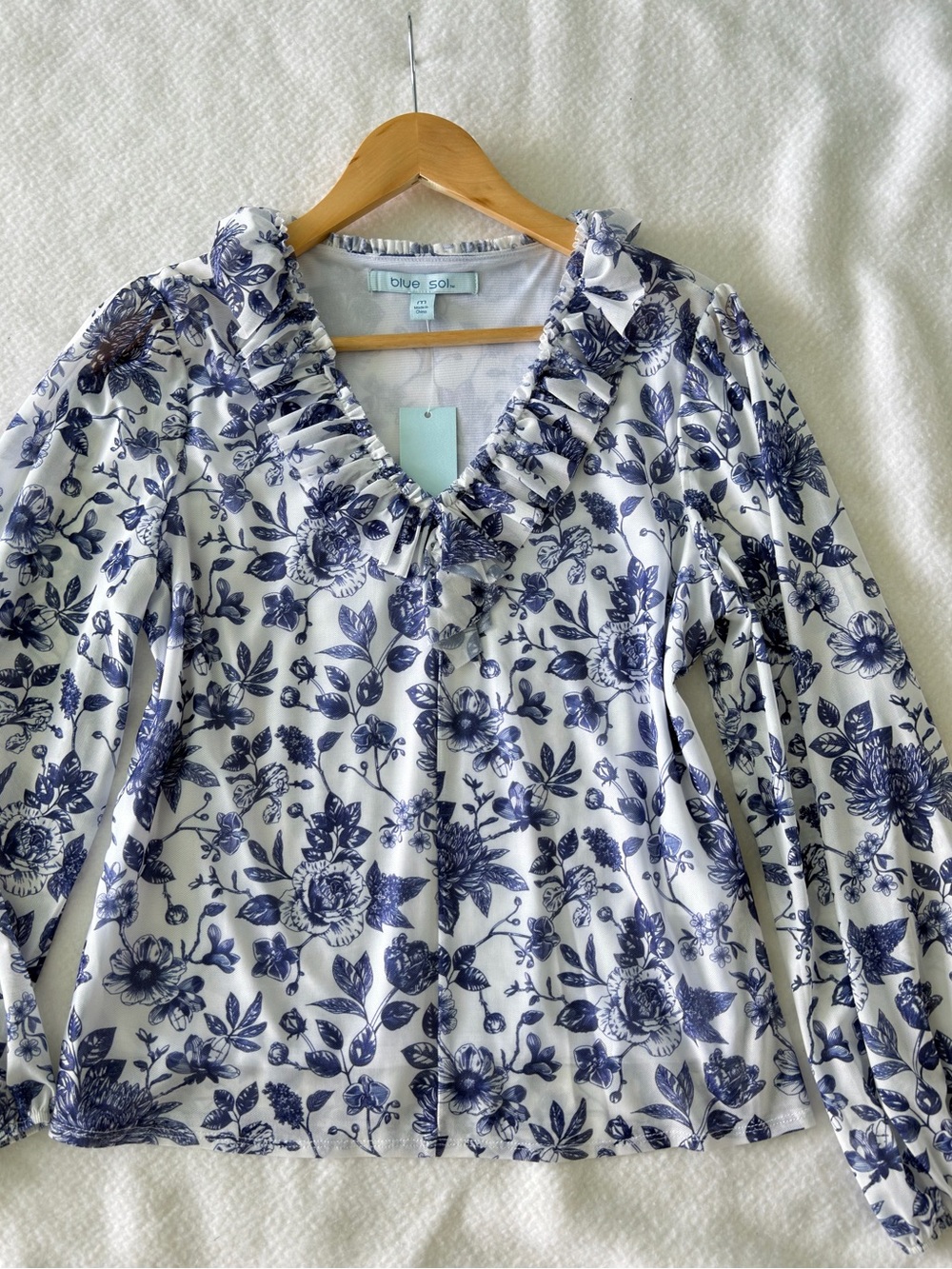 Women's Blue Floral Ruffle V-Neck Top